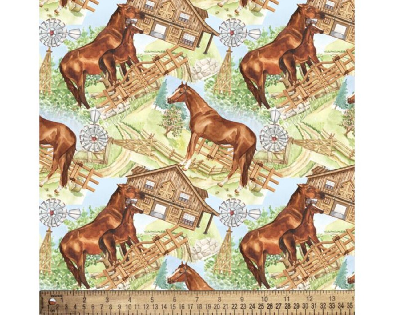 Horses and Barns Farm Cotton Fabric | By the Yard | Sewing and Crafting | 44 inches wide